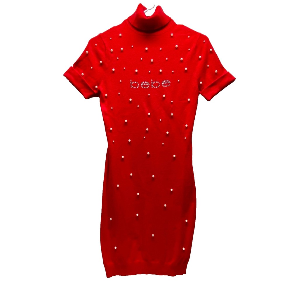 Bebe Sweater Dress Women's Small Bright Red Pearl Accents Turtleneck Stretch EUC